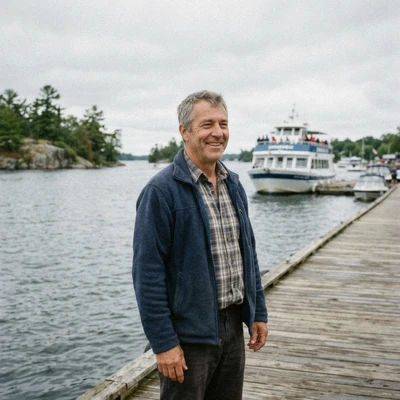 Marc Deslauriers, Gananoque writer, on a dock beside the St. Lawrence River before a 1000 Islands cruise in Ontario, Canada