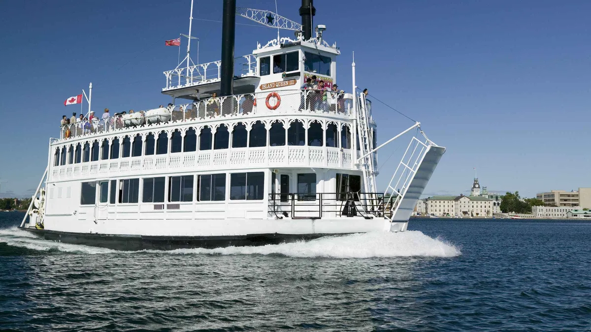 Triple-deck Island Queen paddlewheeler on a 3-hour 1000 Islands cruise from Kingston, Ontario, Canada