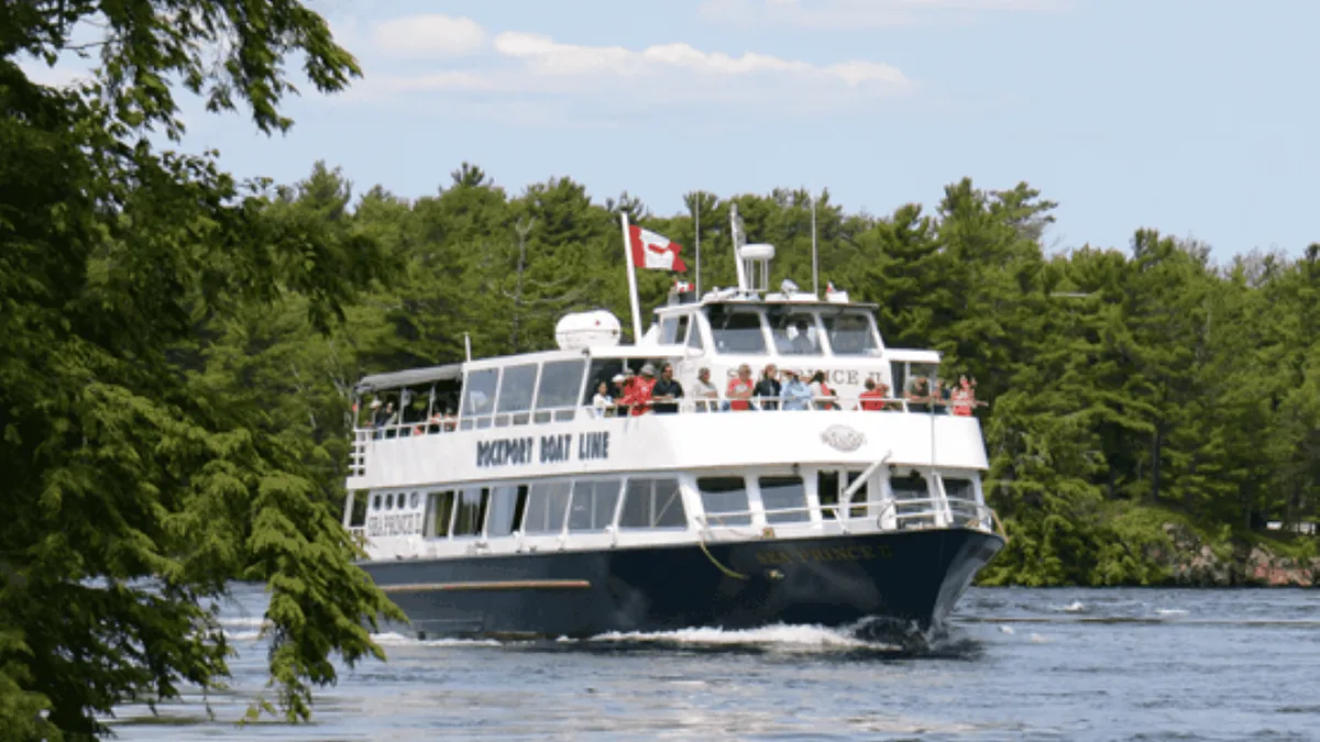 Rockport Cruises tour boat approaching Heart Island on a 1000 Islands cruise with Boldt Castle stopover, Rockport, Ontario, Canada